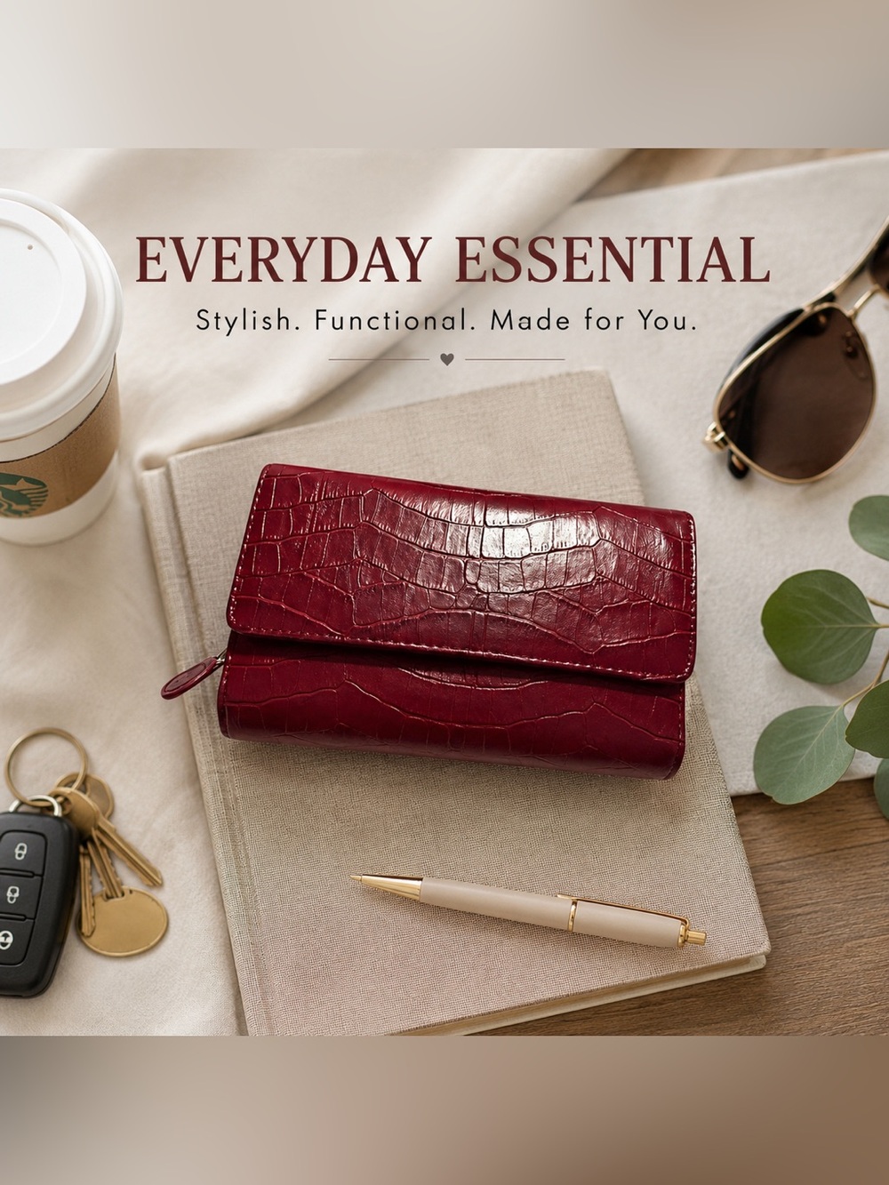 Red Croc Embossed Faux Leather Trifold Wallet Organizer Checkbook Clutch